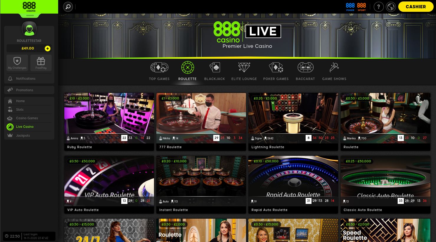 888 live casino login